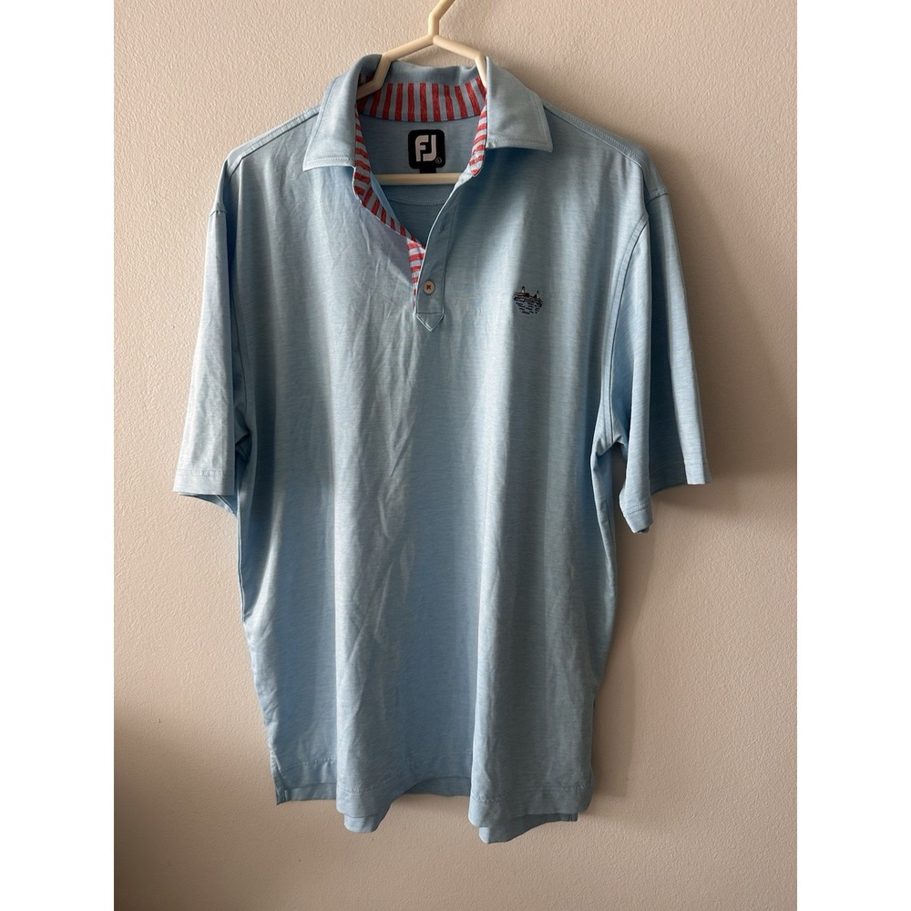 Footjoy FJ Polo Shirt Mens L Blue Golf Performance Lighthouse Embroidered